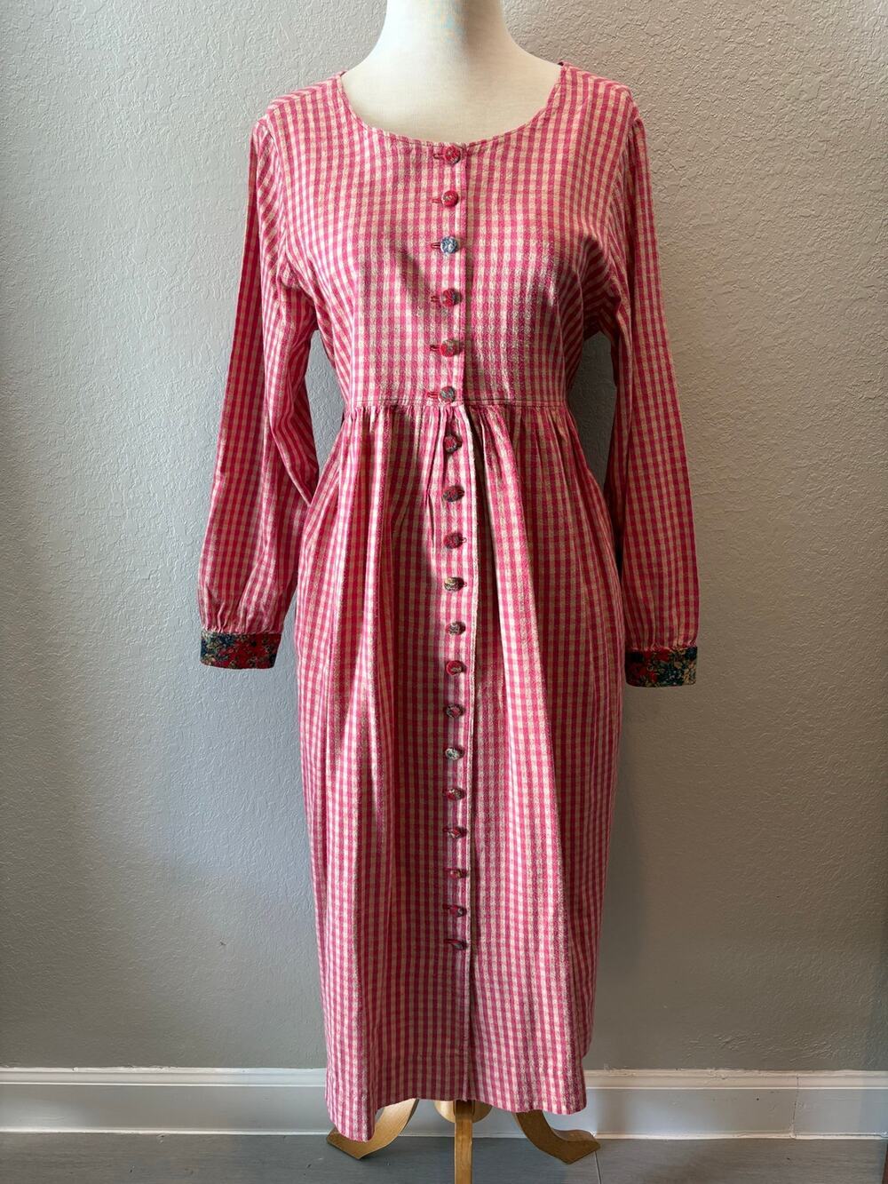 VTG HANDMADE Prairie Maxi Dress Full Button-Down Red Checkered LG Traditional